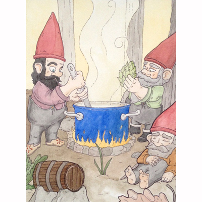 a painting of gnomes brewing beer