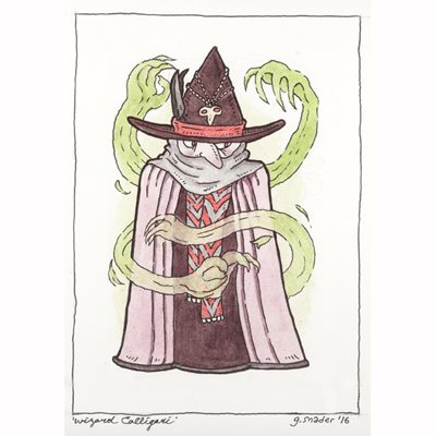 a wizard in a threatening hat with green spirits behind it