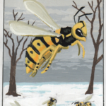 A yellow jacket queen ascends over a winter landscape with dead yellow jackets scattered below.
